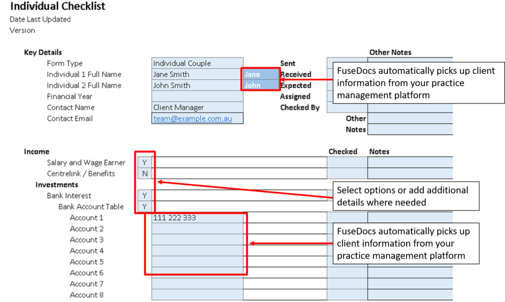 FuseDocs will prepopulate information from your practice management platform and only include relevant details in the final output. 